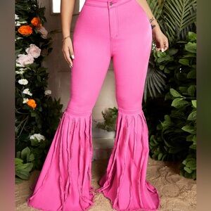Pink Ruffle Hem Flared Jeans